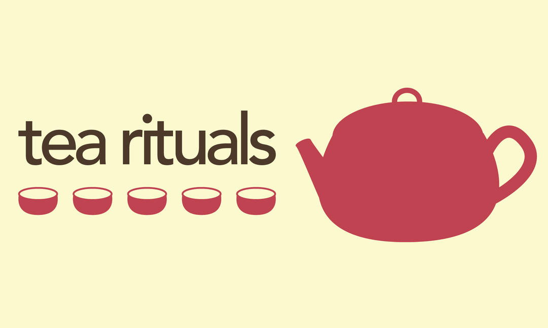 red teapot and cups with tea rituals text