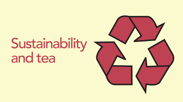 Sustainability and tea text with recycling symbol